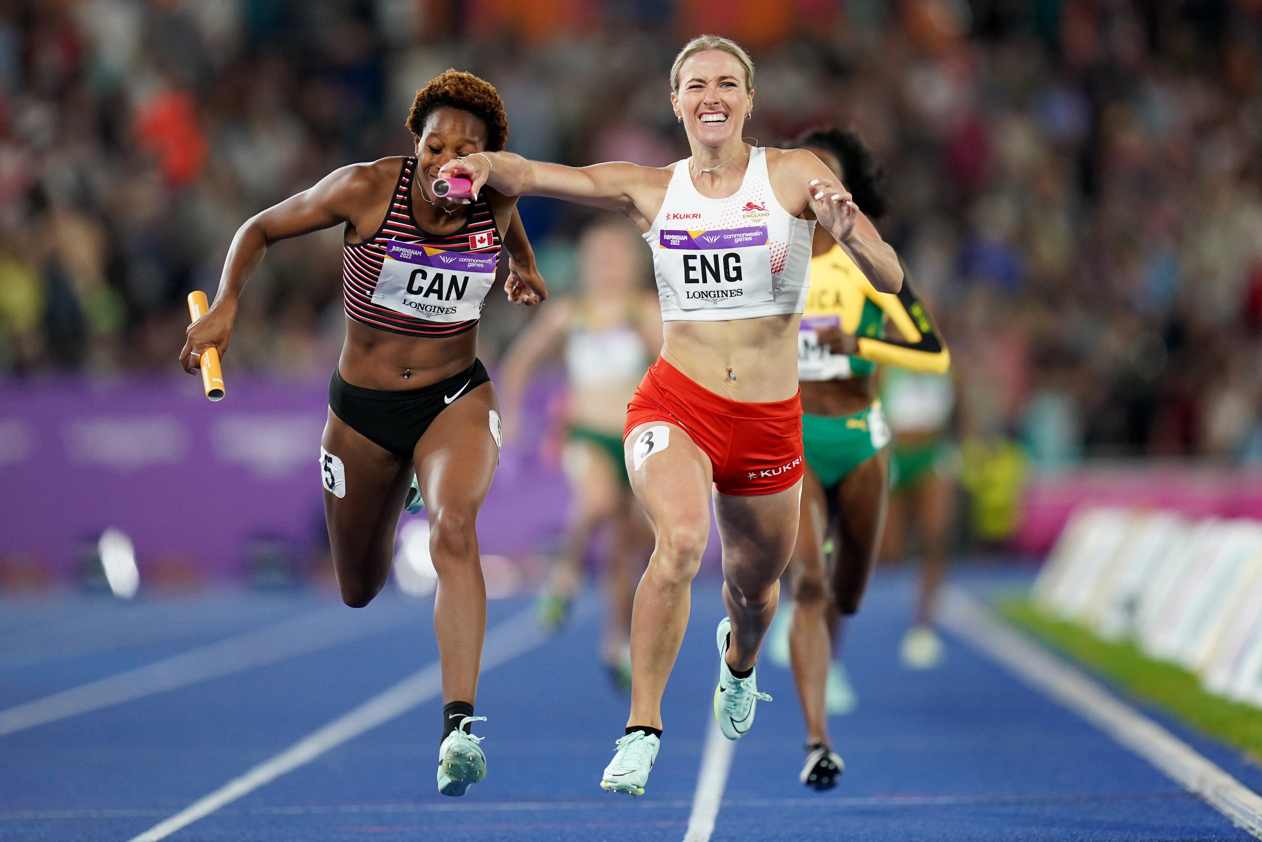 England’s Jessie Knight in the women’s 4x400m relay final in the Commonwealth Games at Alexander Stadium (Jacob King/PA)