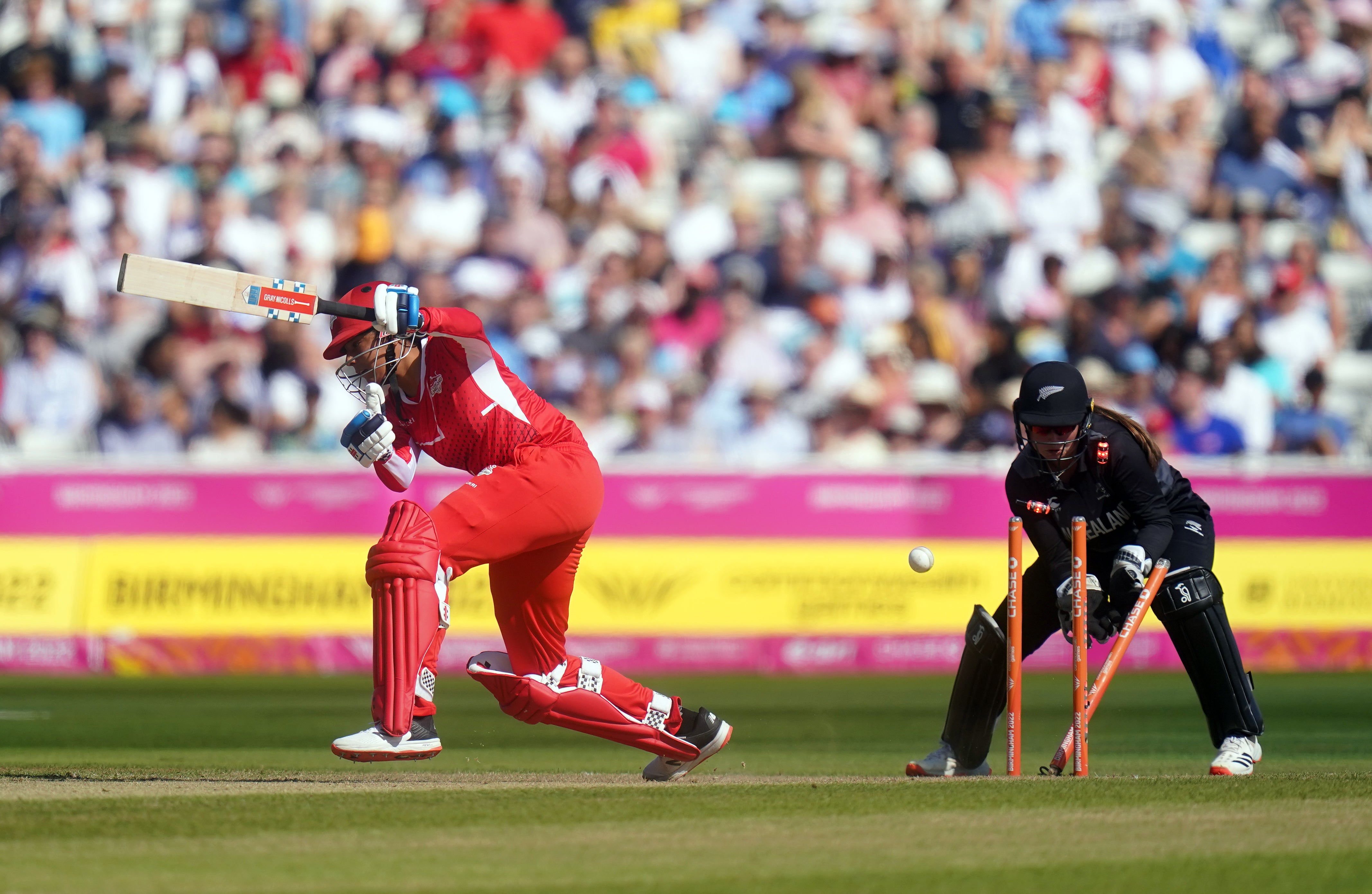 England’s Sophia Dunkley is bowled at Edgbaston Stadium in their bronze medal match with New Zealand (Adam Davy/PA)
