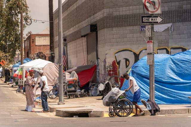 <p>Tents line the streets of Skid Row area of Los Angeles Friday, July 22, 2022 </p>