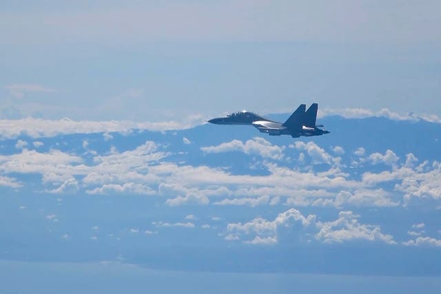 <p>File: A J-16 Chinese military plane flies during a training exercise of the air force corps of the Eastern Theater Command of PLA</p>