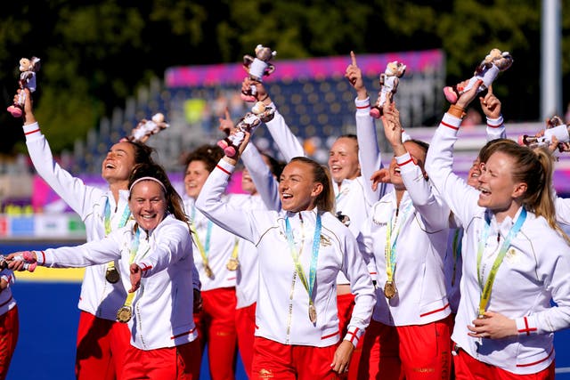 England’s women hockey players celebrate gold medal success at the 2022 Commonwealth Games in Birmingham (Joe Giddens/PA)