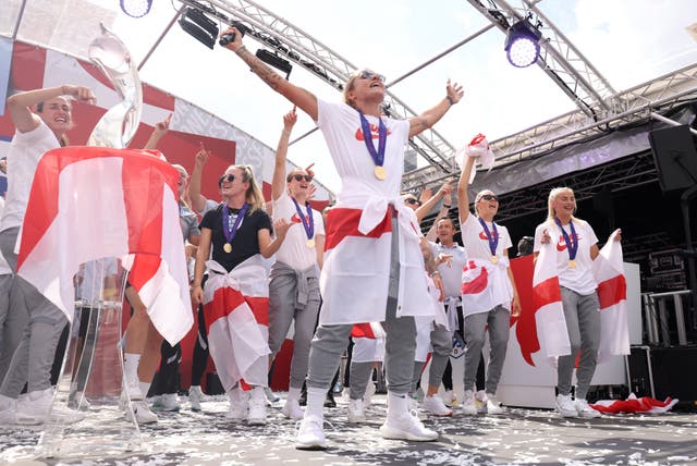 England players celebrate their Euro 2022 triumph (James Manning/PA)