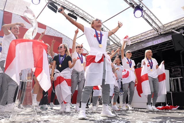 England players celebrate their Euro 2022 triumph (James Manning/PA)