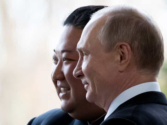 <p>Russian President Vladimir Putin welcomes North Korean leader Kim Jong-un in Vladivostok in 2019 </p>
