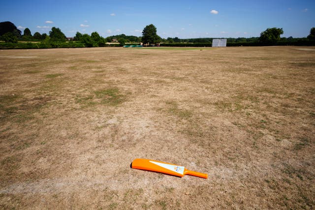 Parched grass at the cricket green in the village of Odiham in Hampshire (PA)