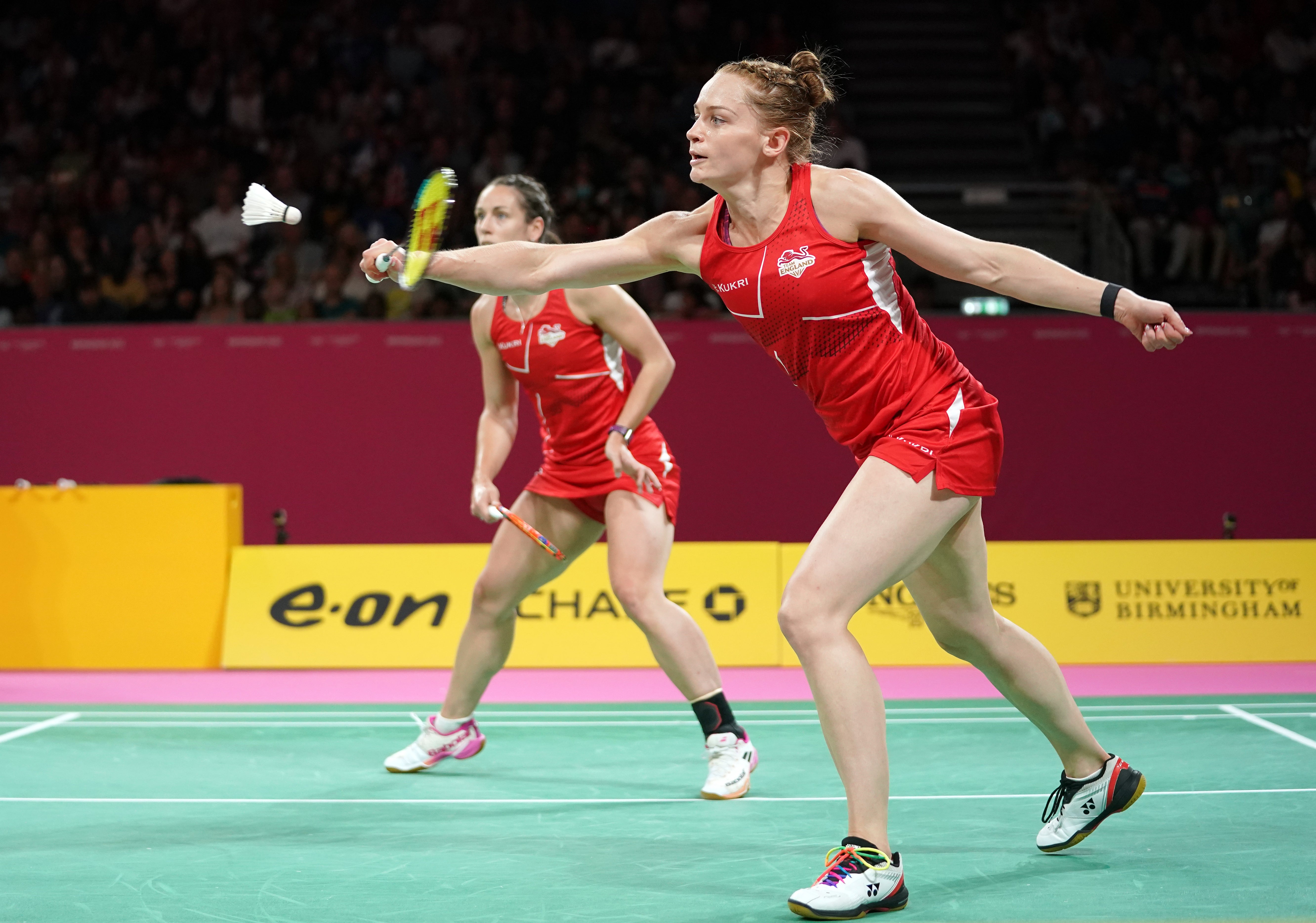 England’s Chloe Birch and Lauren Smith during their badminton women’s doubles final defeat at the Commonwealth Games (Zac Goodwin/PA)