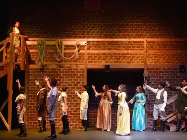 <p>A screengrab from the since deleted video of The Door McAllen Church production of ‘Hamilton’</p>