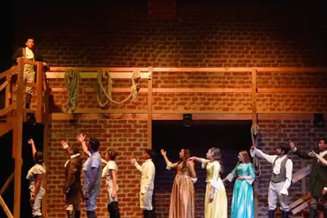<p>A screengrab from the since deleted video of The Door McAllen Church production of ‘Hamilton’</p>