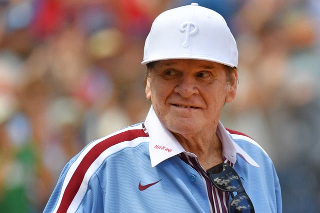 <p>Former Philadelphia Phillies player Pete Rose acknowledges the crowd during Alumni Day ceremony before game against the Washington Nationals at Citizens Bank Park</p>