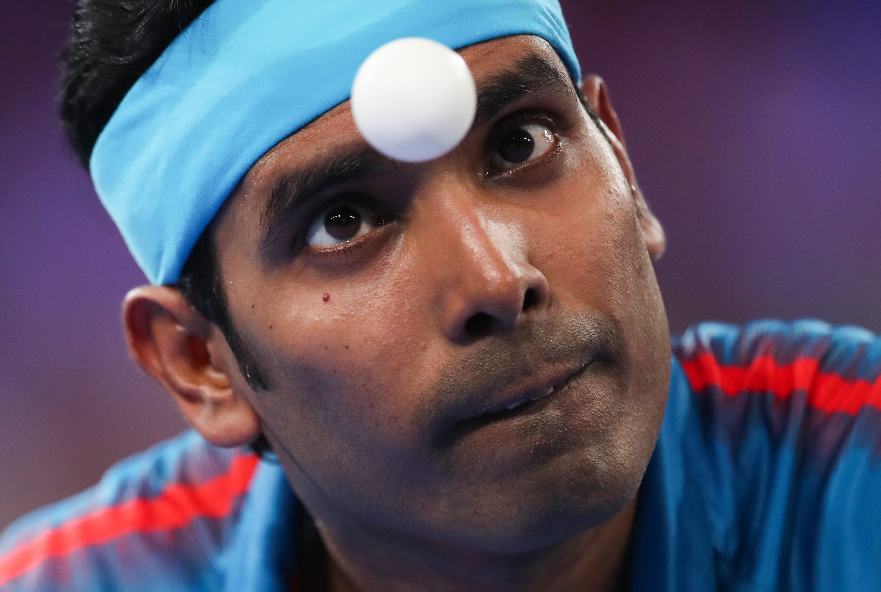 India’s Sharath Kamal Achanta in action during the table tennis men’s singles semi-final match against Paul Drinkhall of Team England (Isaac Parkin/PA)