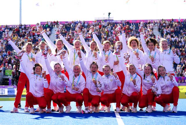 England’s women team celebrate Commonwealth Games hockey gold for the first time at Birmingham 2022 (Joe Giddens/PA)