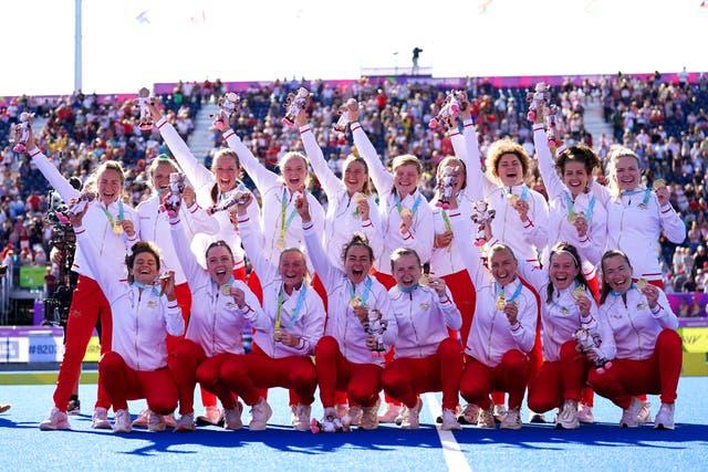 England’s women team celebrate Commonwealth Games hockey gold for the first time at Birmingham 2022 (Joe Giddens/PA)