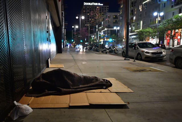 <p>A homeless person sleeps covered with a blanket on cardboard in Los Angeles, California on February 24, 2022</p>