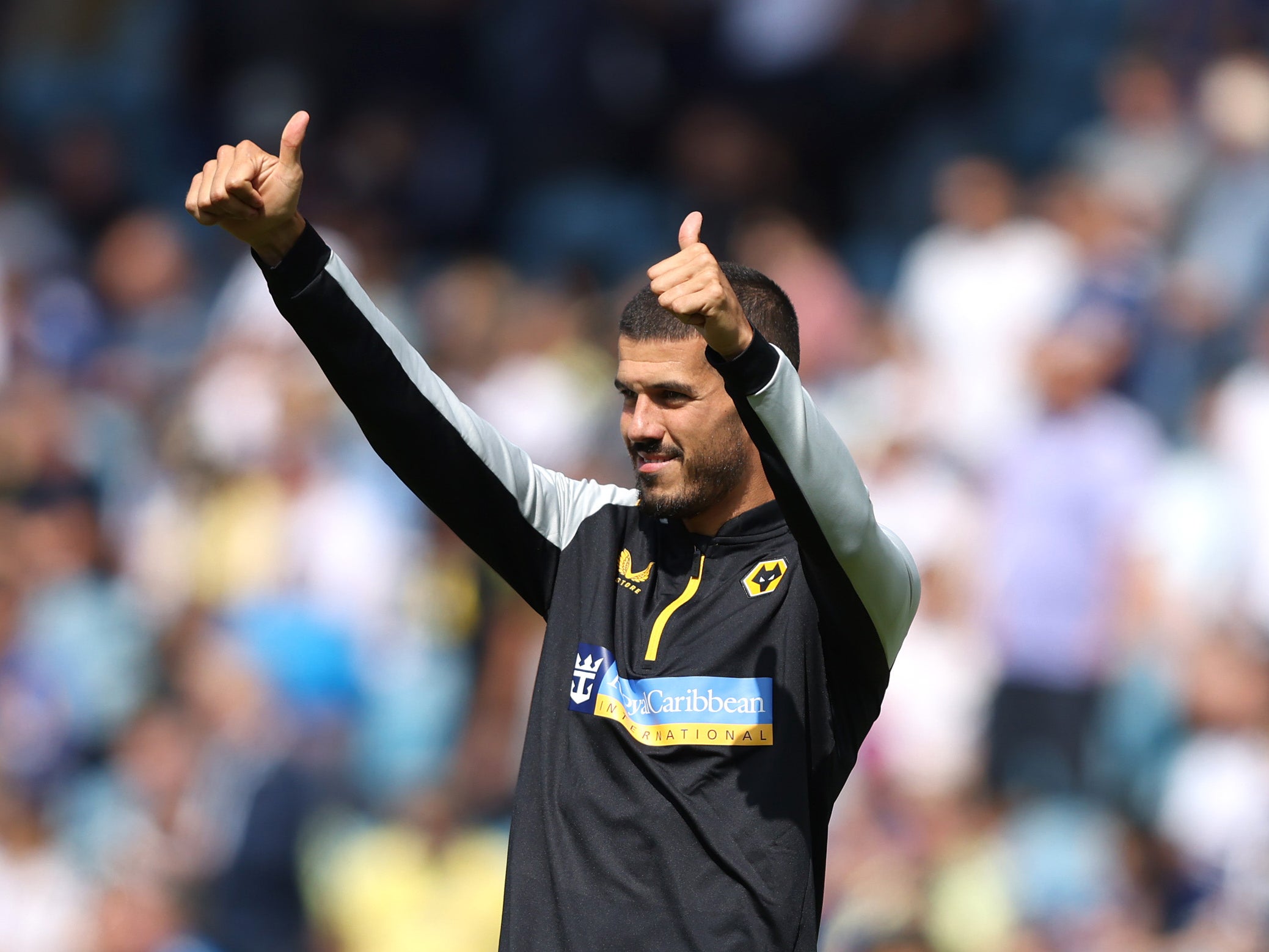 Conor Coady gestures to Wolves fans during the opening weekend fixture at Elland Road
