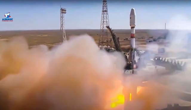 <p>In this handout photo taken from video released by Roscosmos on 9 August, a Russian Soyuz rocket lifts off to carry Iranian Khayyam satellite into orbit at the Russian-leased Baikonur cosmodrome near Baikonur, Kazakhstan</p>