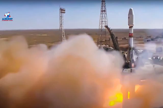 <p>In this handout photo taken from video released by Roscosmos on 9 August, a Russian Soyuz rocket lifts off to carry Iranian Khayyam satellite into orbit at the Russian-leased Baikonur cosmodrome near Baikonur, Kazakhstan</p>