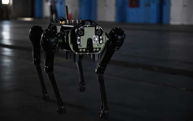 <p>A Ghost Robotics, Vision 60 Quadruped Unmanned Ground Vehicle (Q-UGV) is operated during a demo for 45th Security Forces Squadron at Cape Canaveral Space Force Station, July 28, 2022</p>
