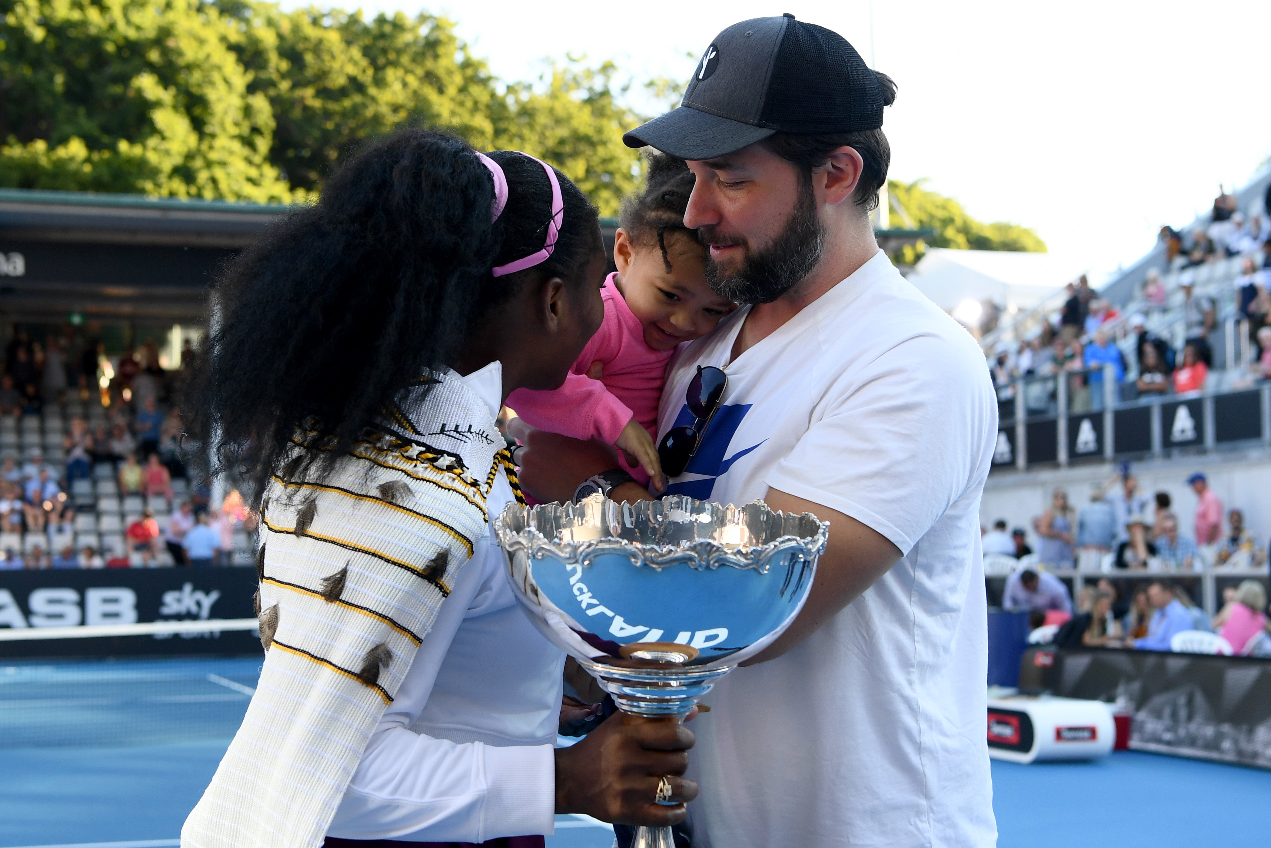 Alexis Olympia, daughter of Serena Williams and husband Alexis Ohanian congratulate Serena Williams after she won her final match against Jessica Pegula of USA at ASB Tennis Centre on January 12, 2020