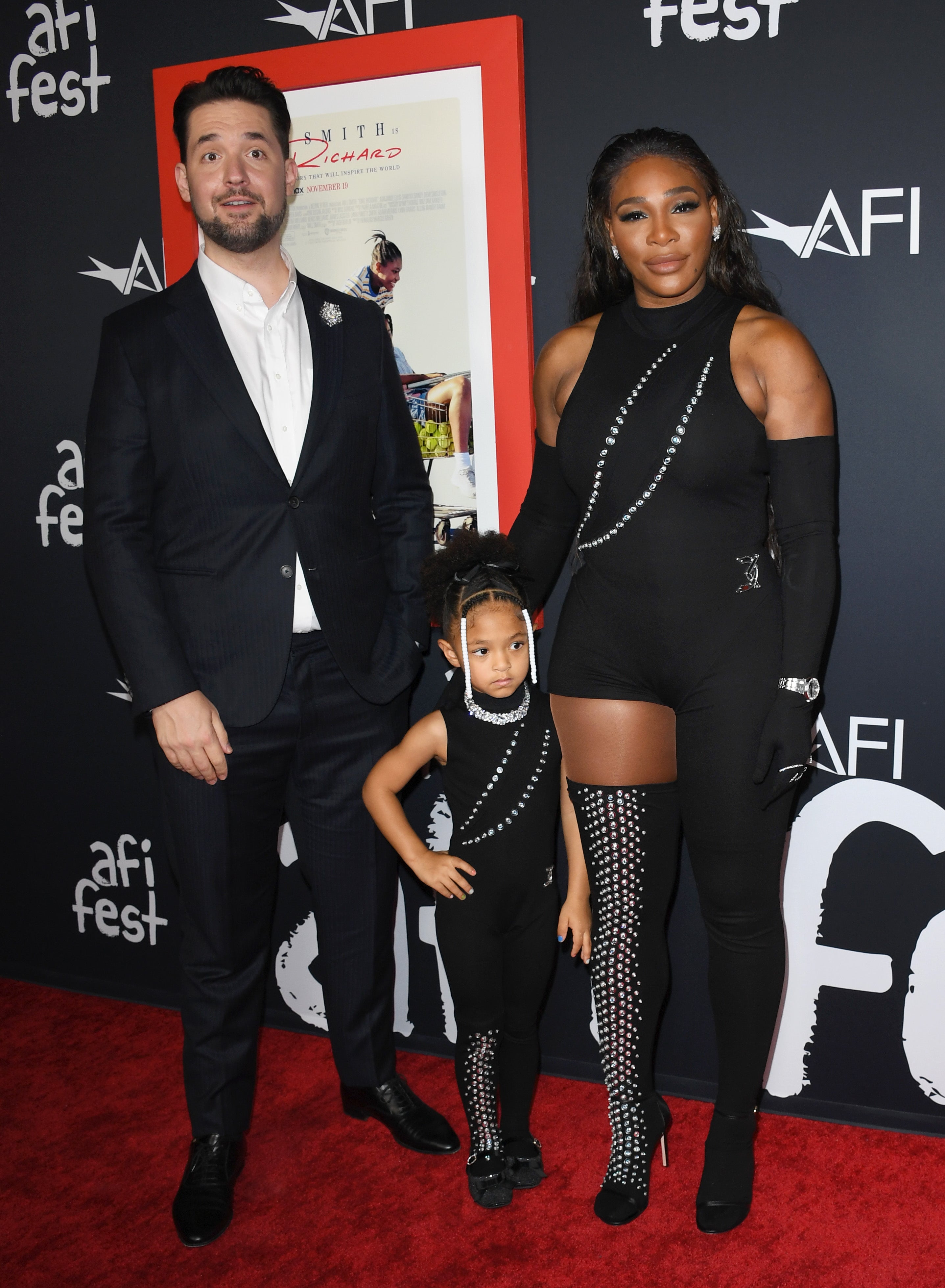 Alexis Ohanian, Olympia Ohanian Jr, and Serena Williams attend the 2021 AFI Fest: Closing Night Premiere Of Warner Bros. "King Richard" at TCL Chinese Theatre on November 14, 2021