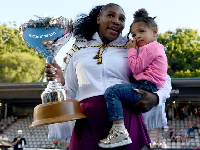 <p>Serena Williams of the USA celebrates with daughter Alexis Olympia after winning the final match against Jessica Pegula of USA at ASB Tennis Centre on January 12, 2020</p>