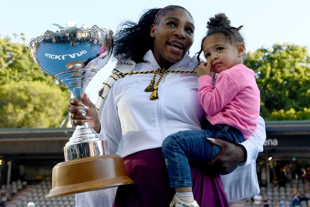 <p>Serena Williams of the USA celebrates with daughter Alexis Olympia after winning the final match against Jessica Pegula of USA at ASB Tennis Centre on January 12, 2020</p>