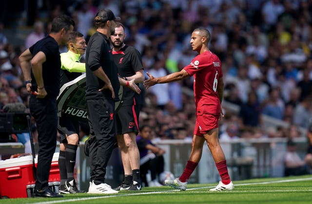 <p>Thiago went off injured at Craven Cottage last weekend</p>