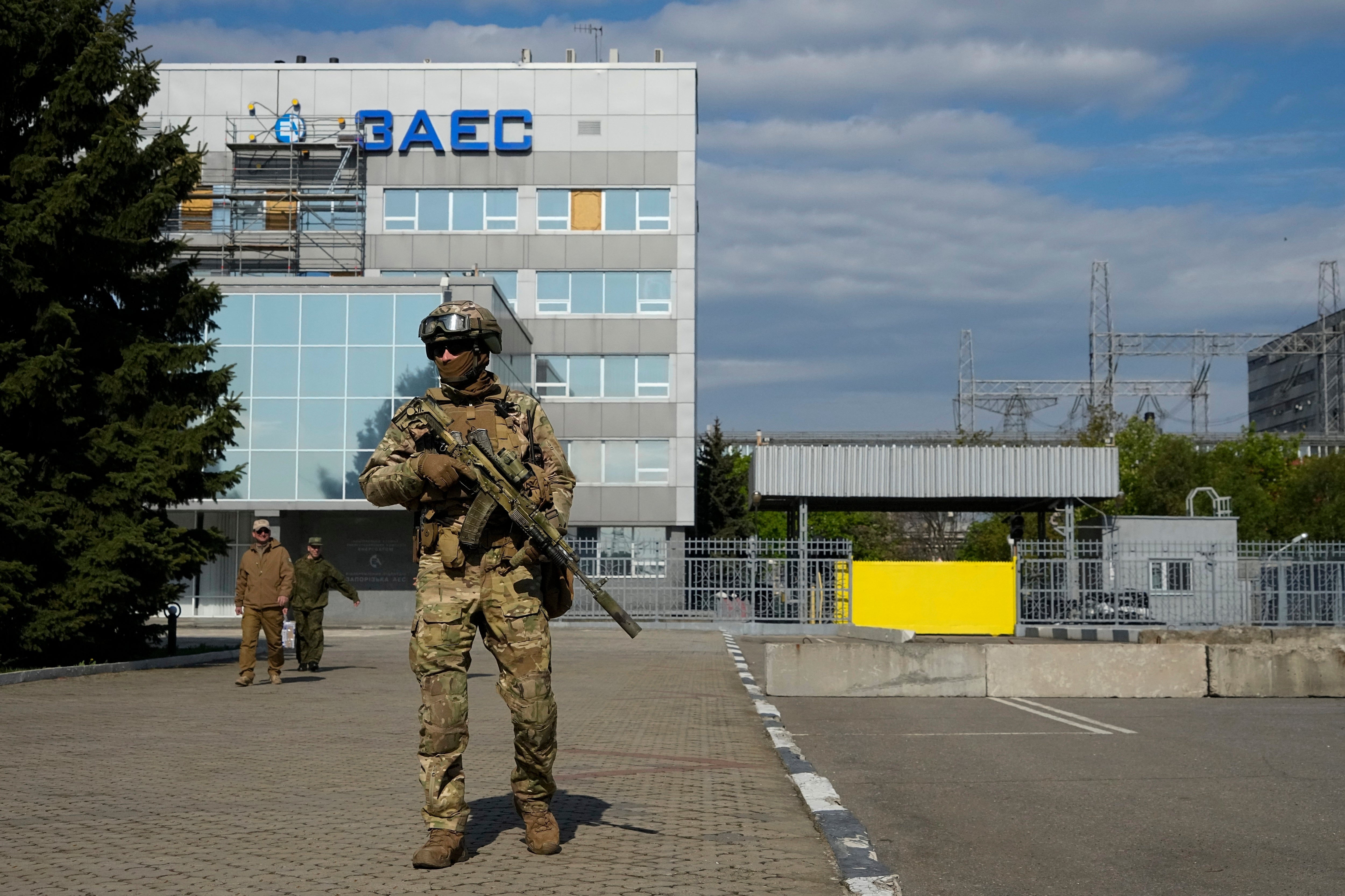 A Russian soldier at the Zaporizhzhia nuclear power station in southeastern Ukraine
