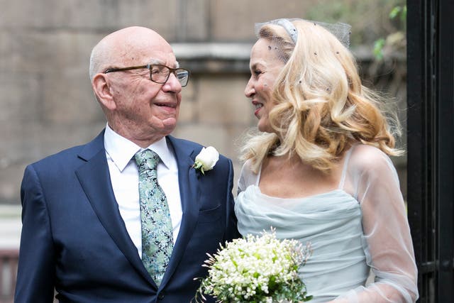 <p>Rupert Murdoch and Jerry Hall seen leaving St Brides Church after their wedding on March 5, 2016 in London, England.</p>