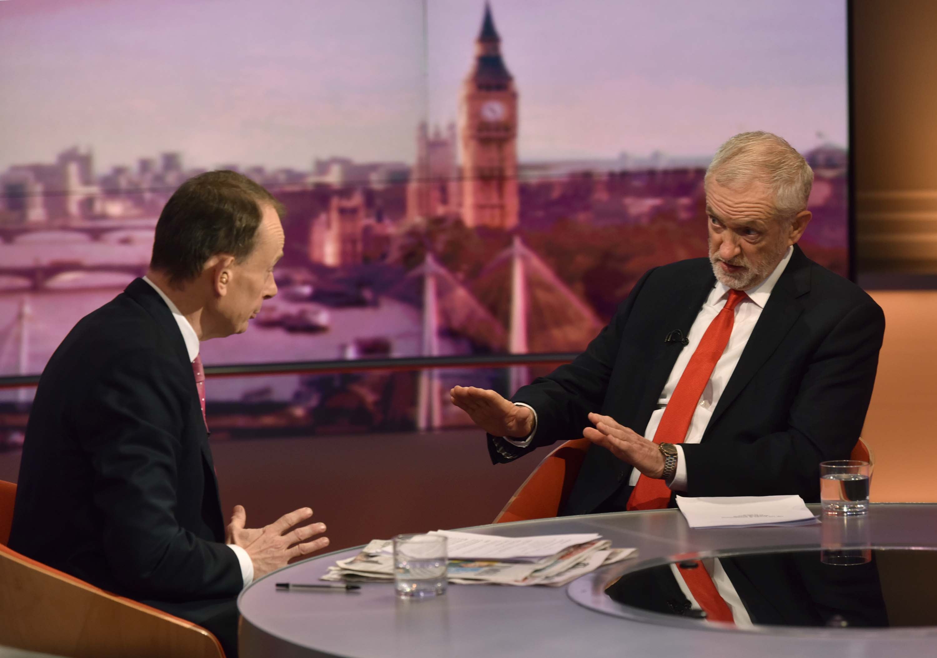 Jeremy Corbyn, right, being interviewed by host Andrew Marr on the BBC1 current affairs programme, The Andrew Marr Show (Jeff Overs/BBC/PA)
