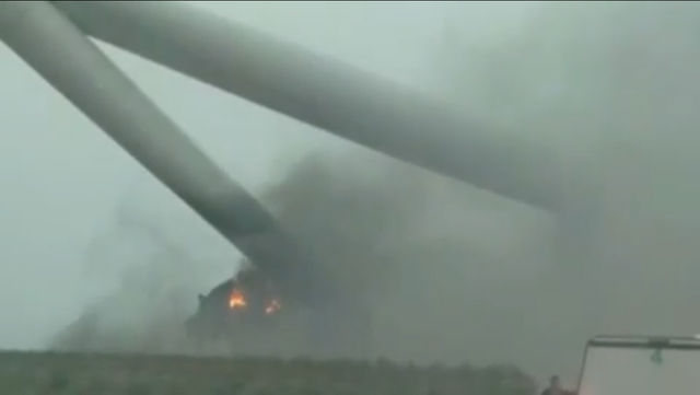 <p>A wind turbine in Oklahoma caught on fire and collapsed on Tuesday</p>