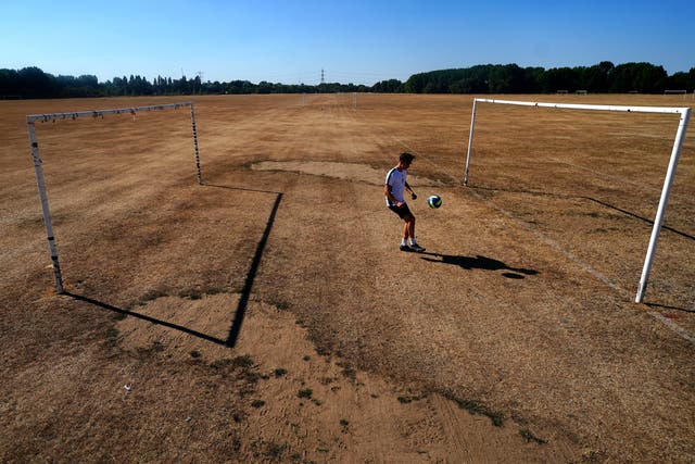 A general view of dry grass on the football pitches at Hackney Marshes (Victoria Jones/PA)