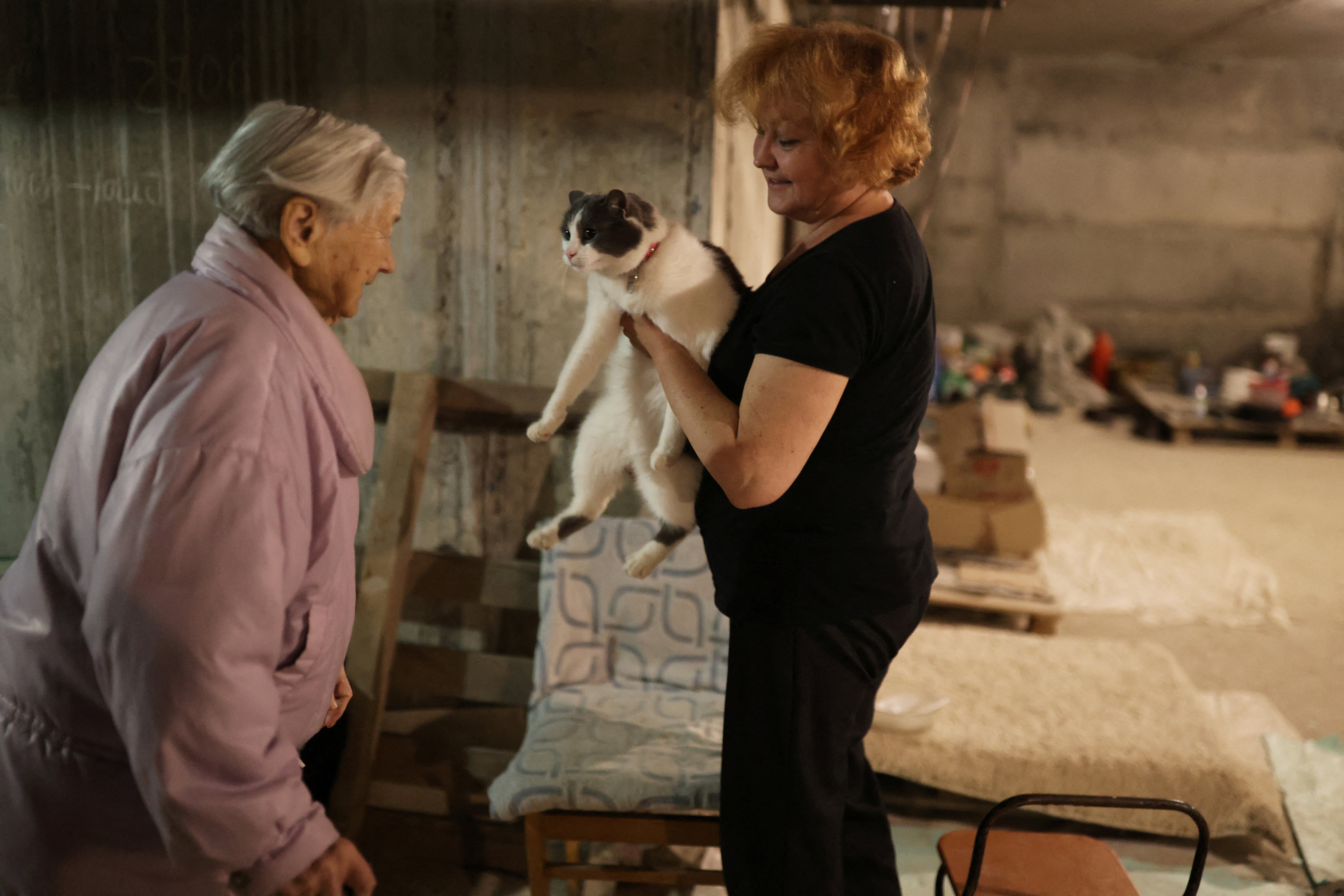 Maria and Natalya talk with the family cat in the basement