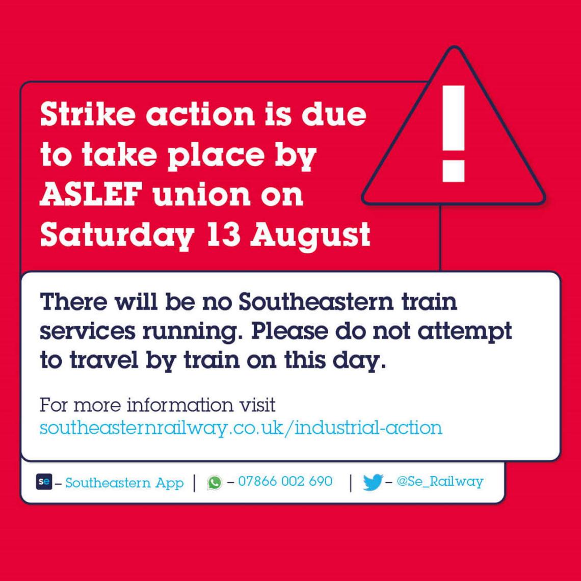 An alert from Southeastern about the 13 August strike