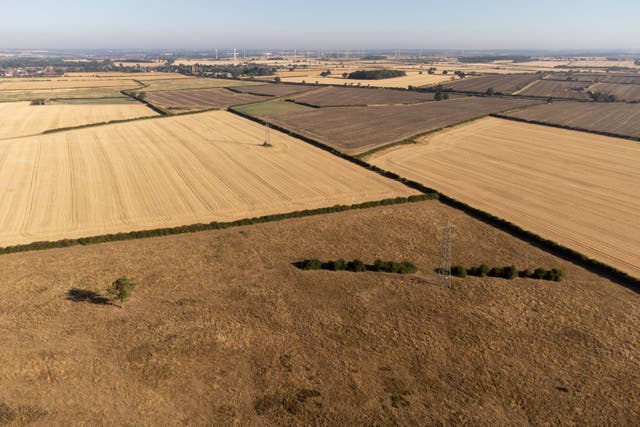 <p>High and dry: parched fields and meadows in Finedon, Northamptonshire </p>