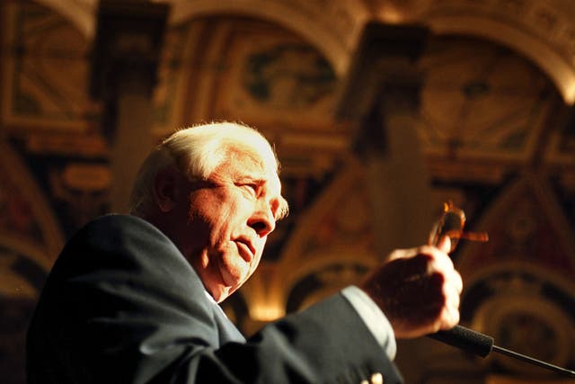 <p>‘History matters. That’s what I’ve tried to convey,’: McCullough delivers an address at the Library of Congress in 2000</p>
