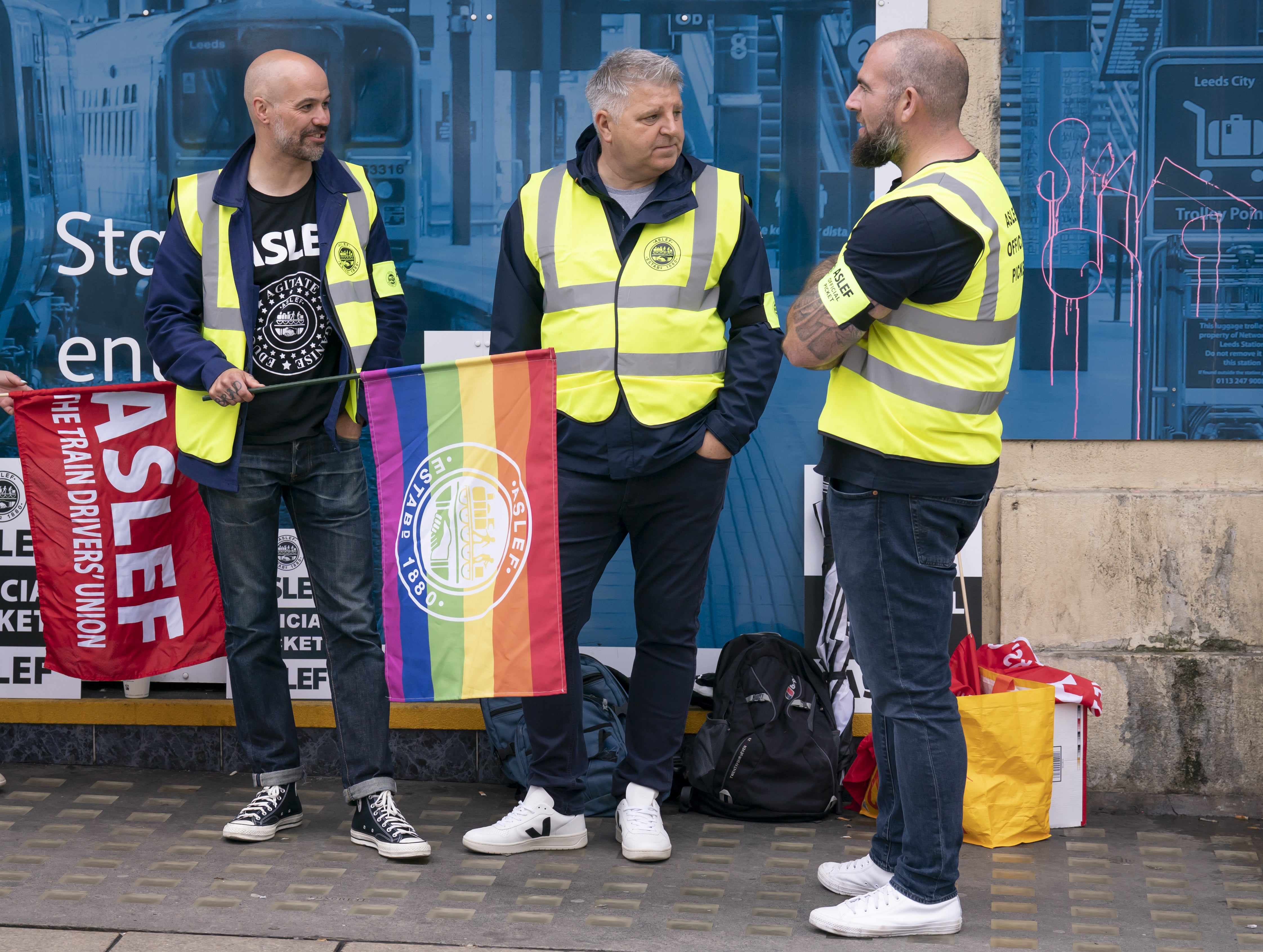 Protesters on the picket line outside Leeds train station