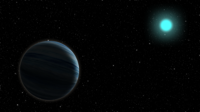<p>Artist’s concept of a Neptune-sized planet, left, around a blue, A-type star</p>