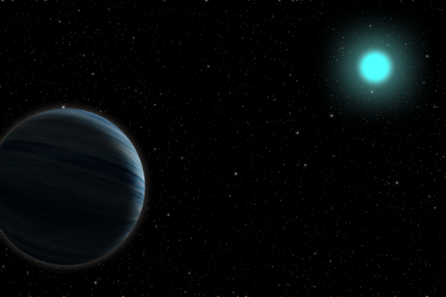 <p>Artist’s concept of a Neptune-sized planet, left, around a blue, A-type star</p>