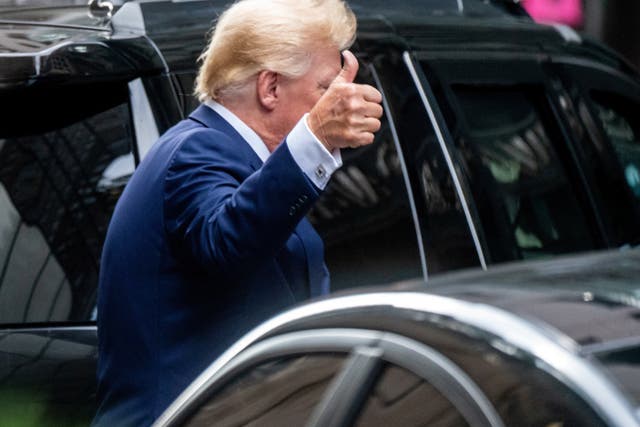 <p>Former president Donald Trump departs Trump Tower for a deposition two days after FBI agents raided his Mar-a-Lago Palm Beach home</p>