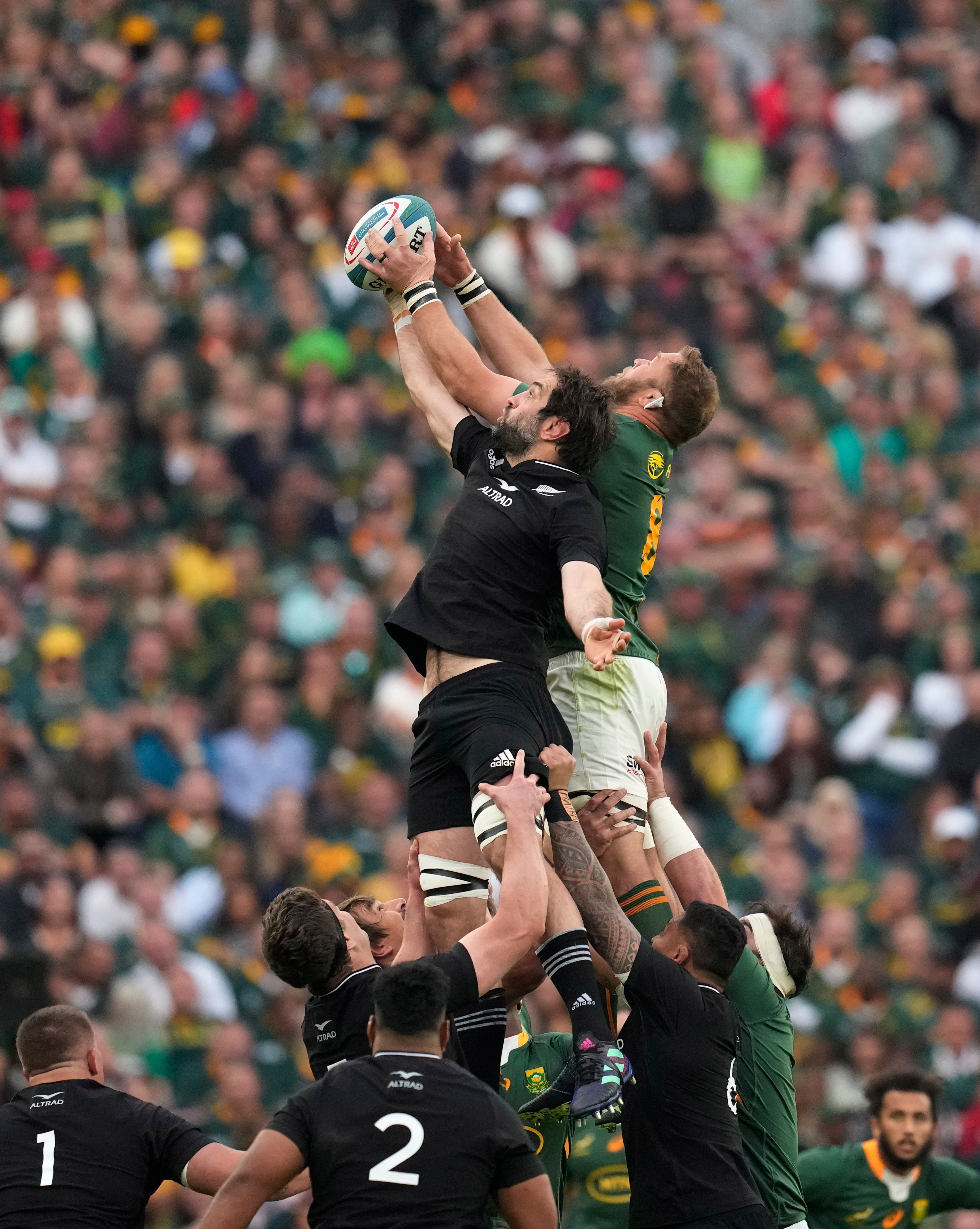 New Zealand’s Sam Whitelock, left, and South Africa’s Duane Vermeulen