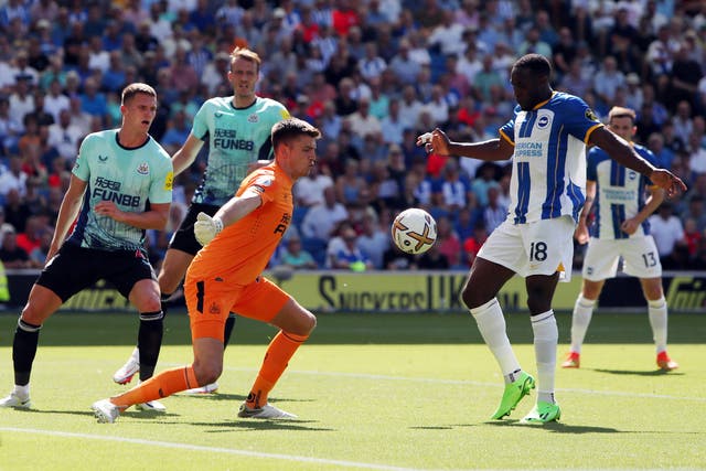 Nick Pope (left) denied Danny Welbeck during the goalless stalemate (Kieran Cleeves/PA)