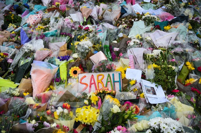 <p>Floral tributes left next to the bandstand in Clapham Common, London, for Sarah Everard (Kirsty O’Connor/PA)</p>