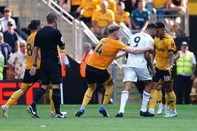 Wolves’ Morgan Gibbs-White, right, and Aleksandar Mitrovic clashed in Saturday’s goalless stalemate at Molineux (David Davies/PA)