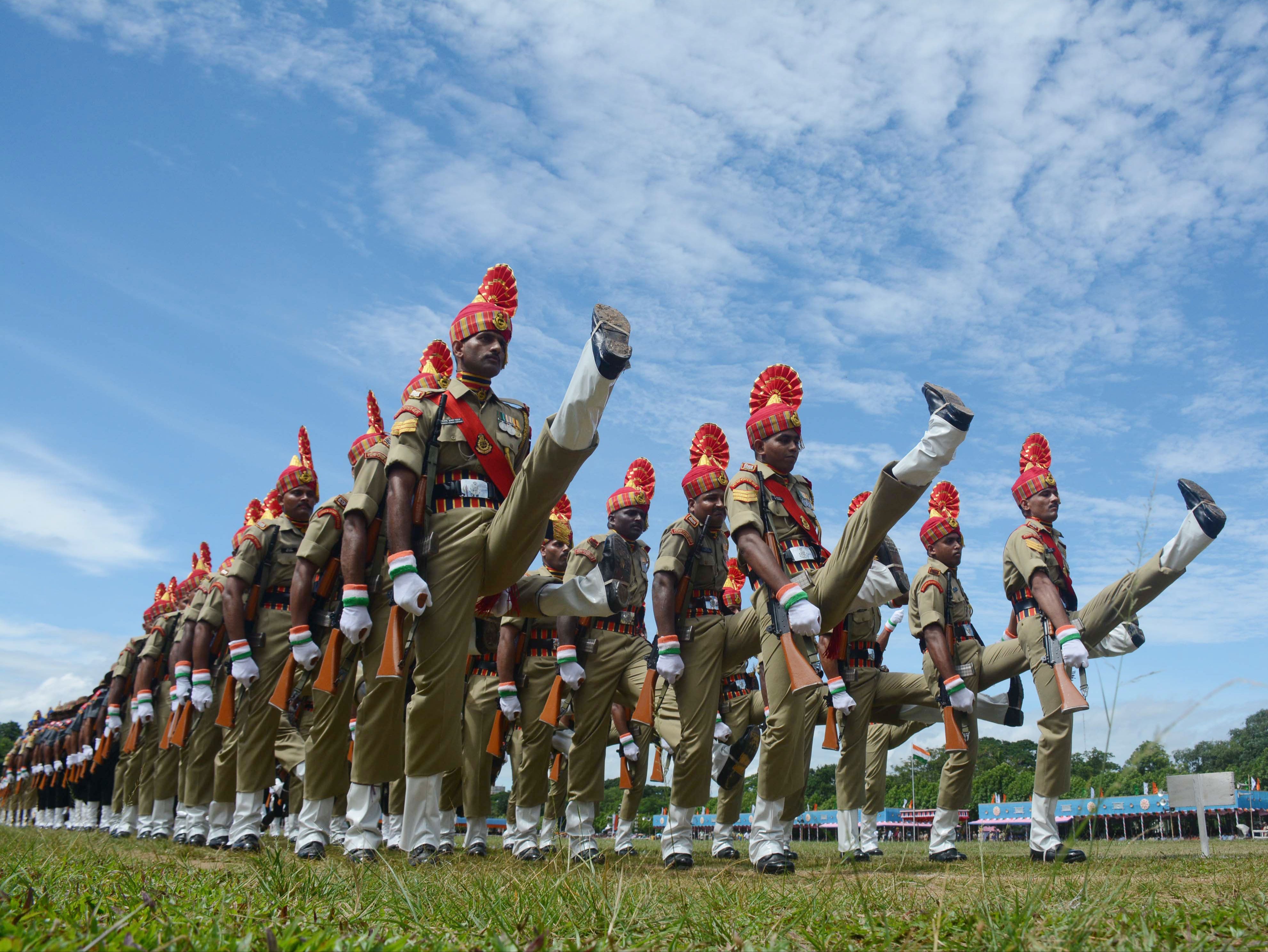 Indian paramilitary personnel march during Independence Day celebrations