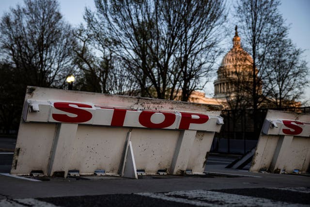 <p>An anti-vehicle barricade near the US Capitol</p>