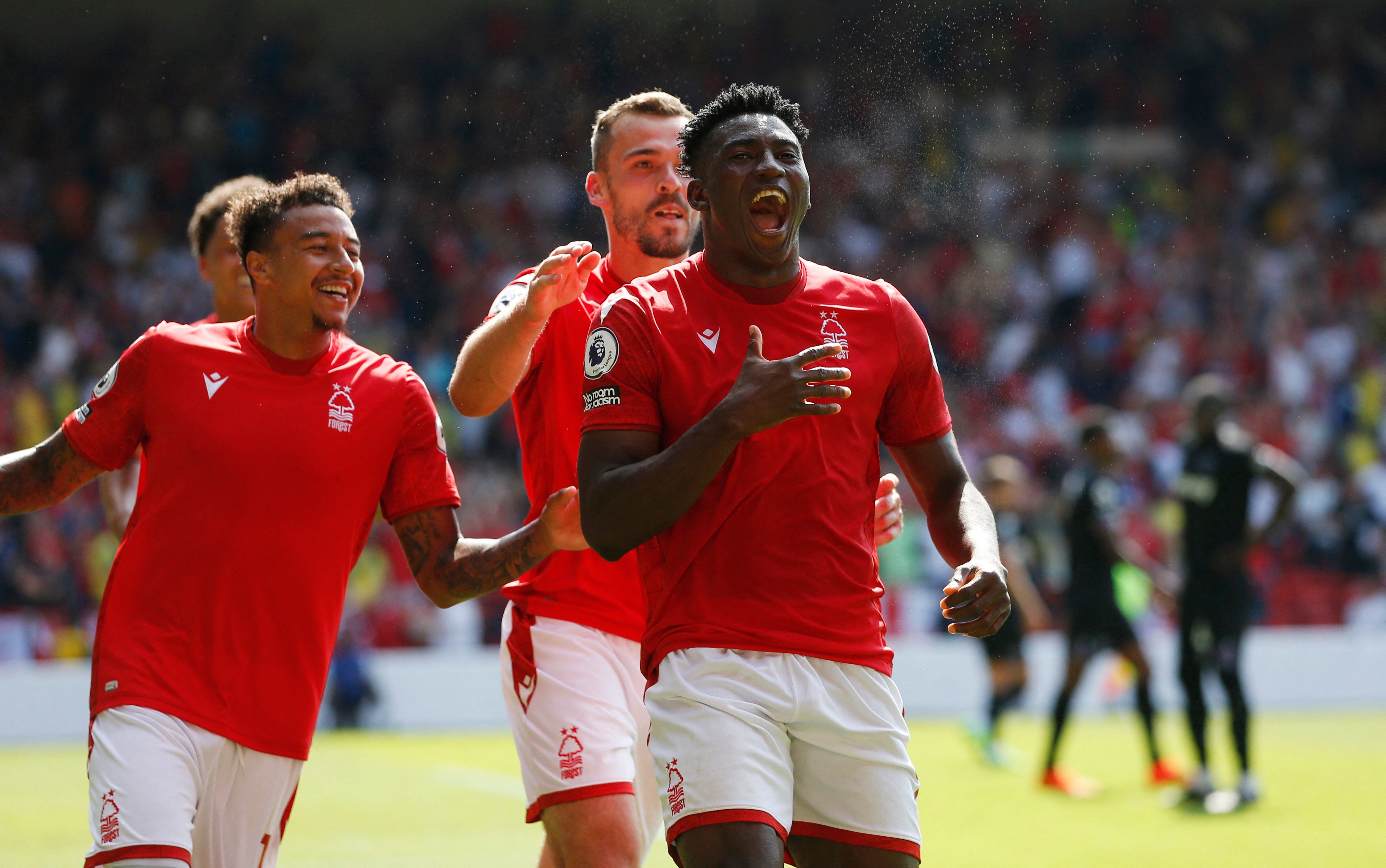 Nottingham Forest's Taiwo Awoniyi celebrates scoring their first top-flight goal for 23 years