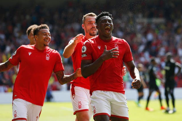 <p>Nottingham Forest's Taiwo Awoniyi celebrates scoring their first top-flight goal for 23 years </p>
