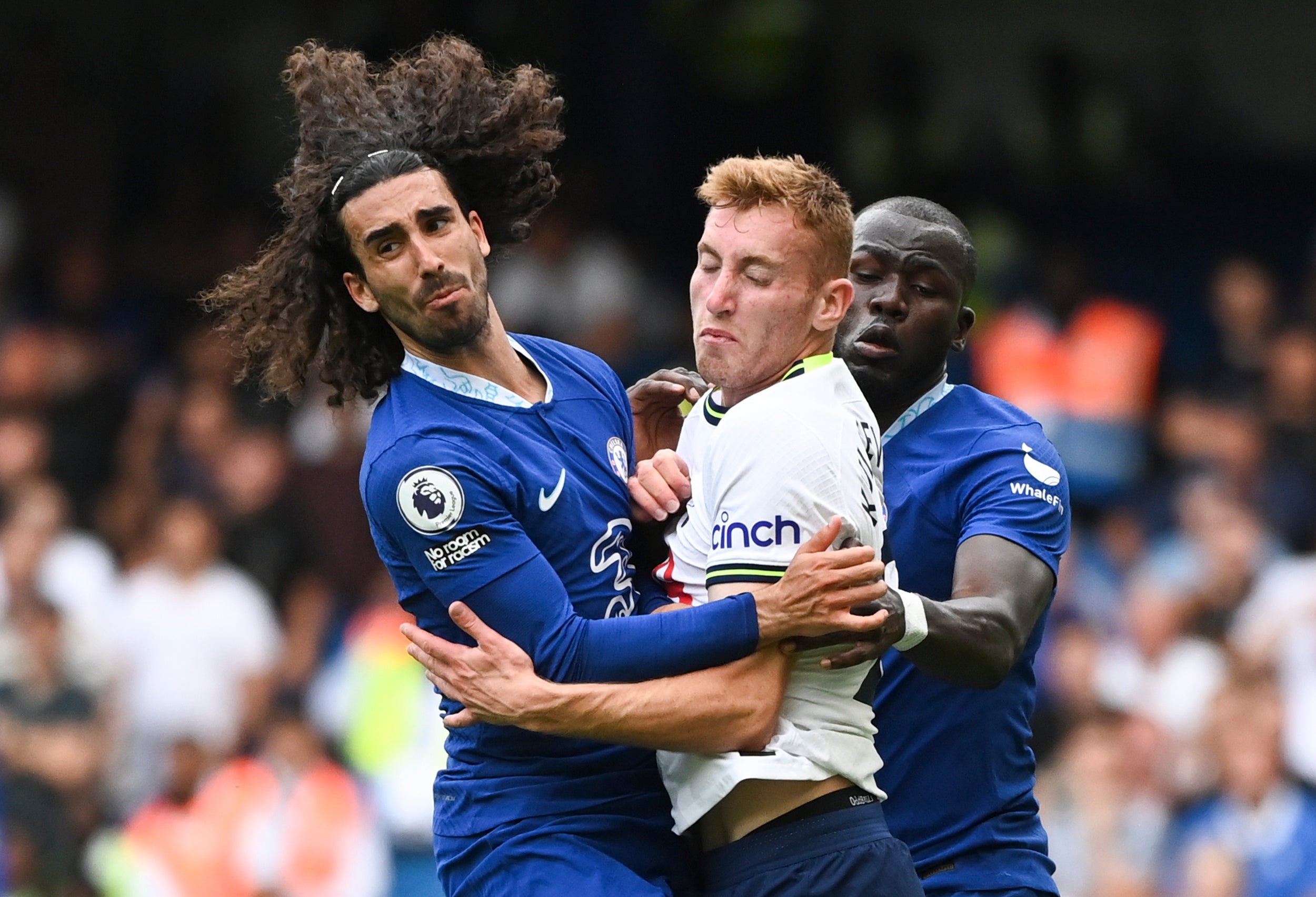 Marc Cucurella has his hair pulled in the box