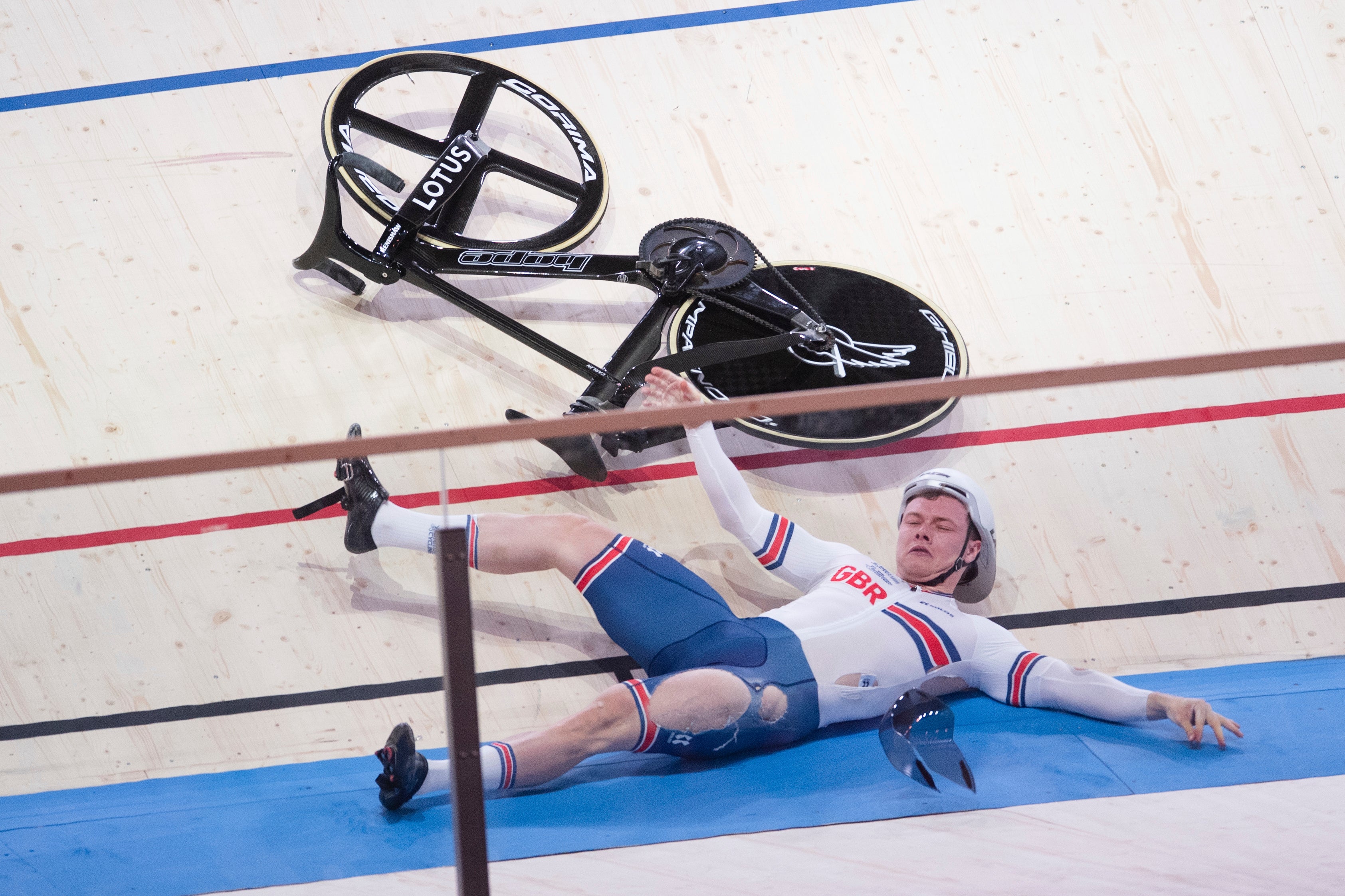Great Britain’s Jack Carlin crashed during the men’s sprint
