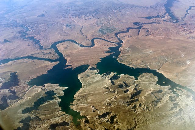 <p>An aerial view of Lake Powell, where two French tourists died in a plane crash </p>